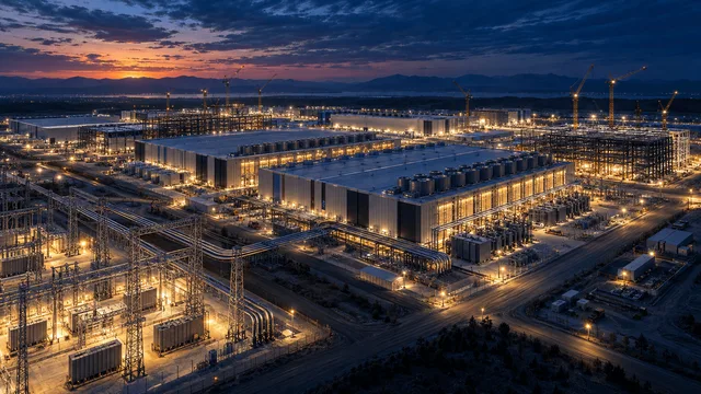 Aerial view of a sprawling data-center construction site at dusk, with cranes, unfinished server buildings, and power lines converging toward a central cluster of illuminated facilities.