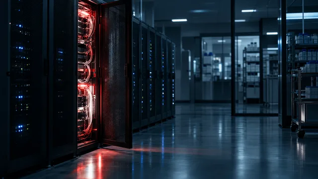 A dim data-storage room in a medical laboratory, with one server rack slightly open and glowing red amid rows of otherwise calm blue-lit equipment, symbolizing a security breach.