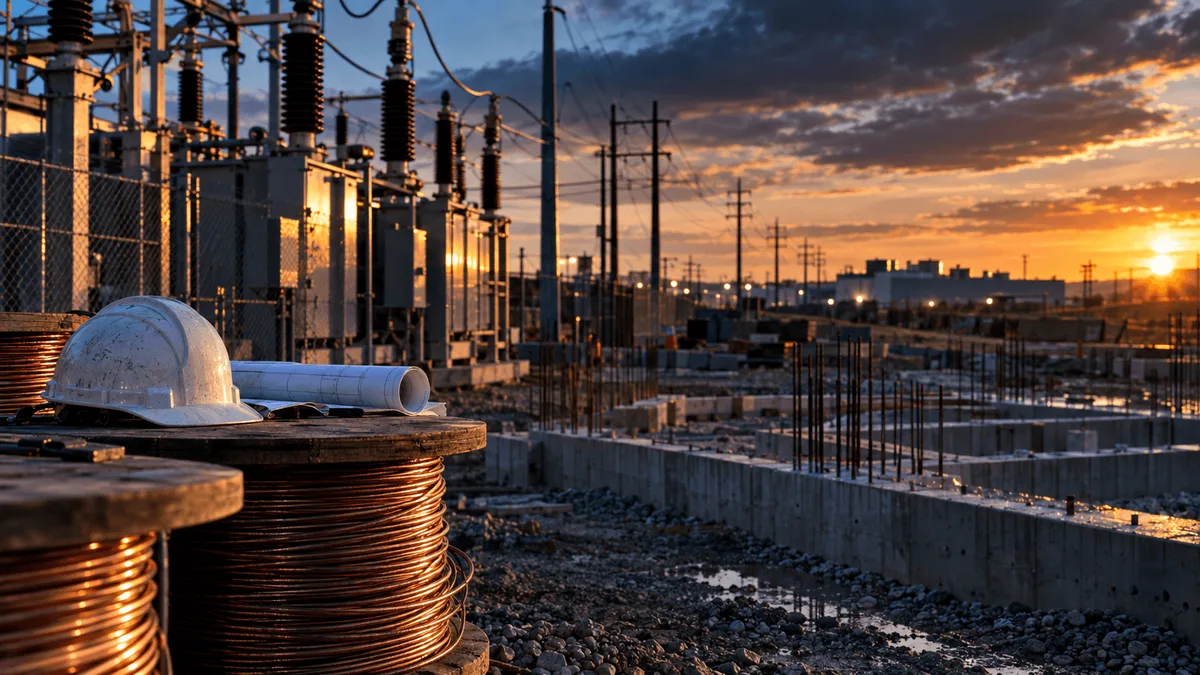 A weathered steel electrical substation at dusk, its transformers and coiled copper cables glistening with dew, sits beside a half-finished concrete foundation where rebar still pokes through fresh gravel.