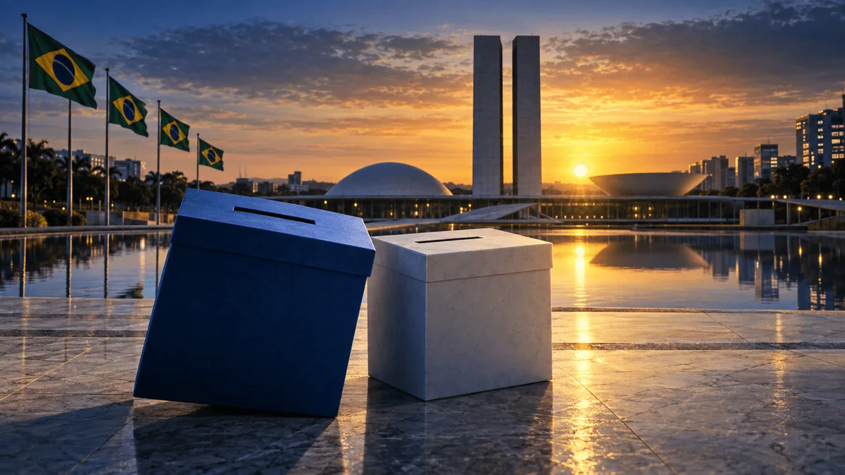 Editorial illustration of two ballot boxes before the Brazilian Congress at dawn, with national flags and a reflecting pool, symbolizing a close presidential election result.