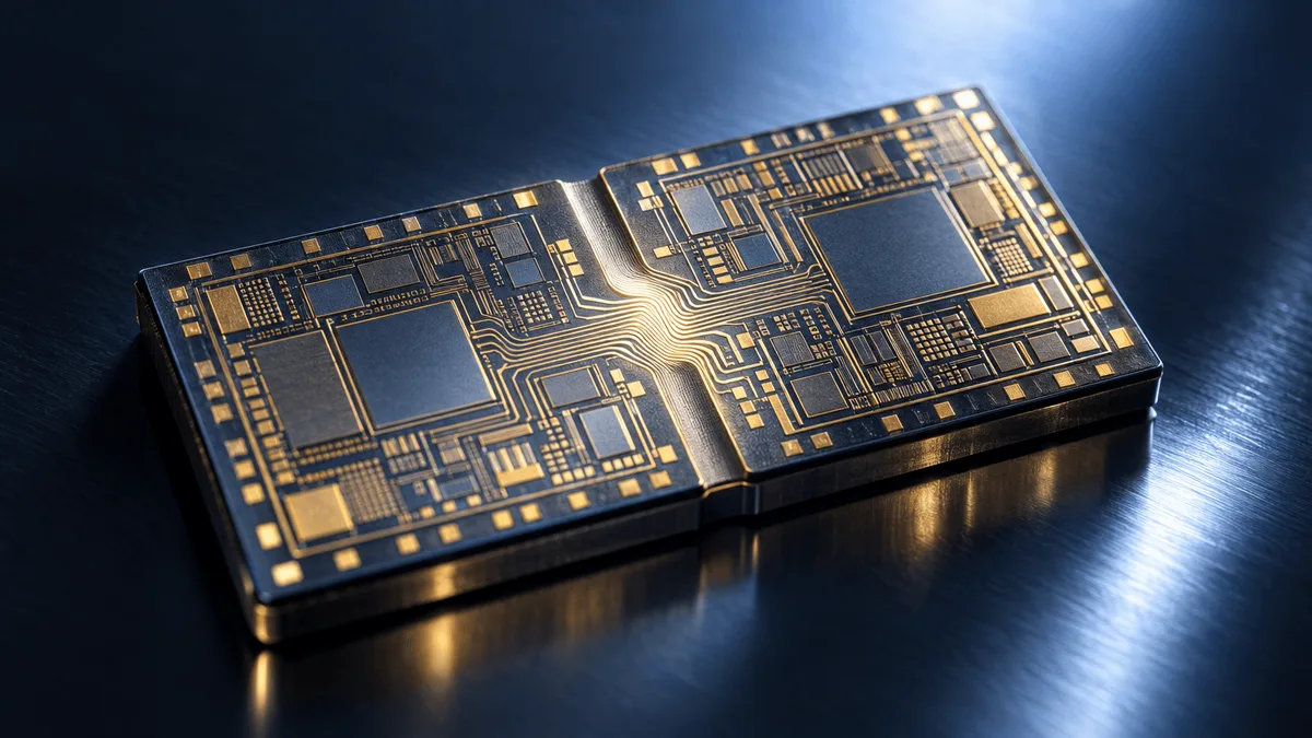 Macro photo of two semiconductor chip dies on a dark reflective surface, their circuit patterns visually merging into one unified chip under cool studio lighting.
