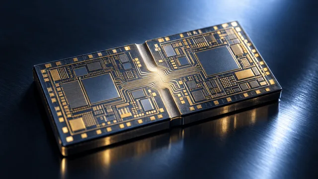 Macro photo of two semiconductor chip dies on a dark reflective surface, their circuit patterns visually merging into one unified chip under cool studio lighting.