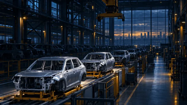Wide shot of a mostly darkened car factory floor with rows of unfinished vehicle bodies on a paused assembly line, one row lit while the rest fade into shadow.
