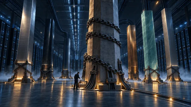 A cinematic data center hall with six large structural pylons of varying materials, each bound to the floor by heavy industrial chains and cables, with glowing server racks and a lone engineer inspecting an anchor point, symbolizing massive locked-in infrastructure commitments.