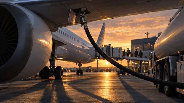 A fuel tanker truck connected by hose to an American Airlines jet's wing at dusk on an airport tarmac, with passengers boarding in the background.