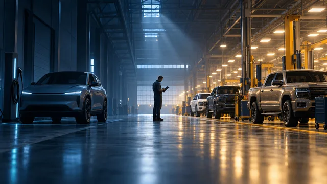 A dimly lit electric vehicle sits idle beside an unused charging station on one side of a factory floor, while brightly lit pickup trucks and small crossovers are actively worked on under bright lights on the other side, illustrating a shift away from EV production toward trucks and smaller vehicles.