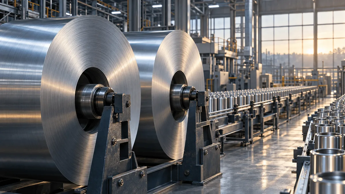 Two large aluminum coils in the foreground of a metal packaging plant, with rows of plain metal cans on a production line extending into the background under soft industrial lighting.