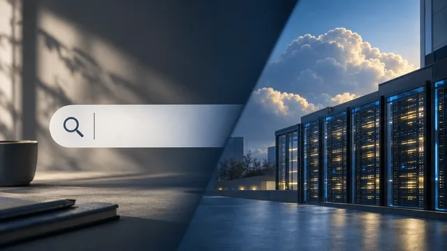 Editorial illustration of a search interface beside illuminated cloud infrastructure, symbolizing Alphabet’s AI-search transition and cloud expansion.
