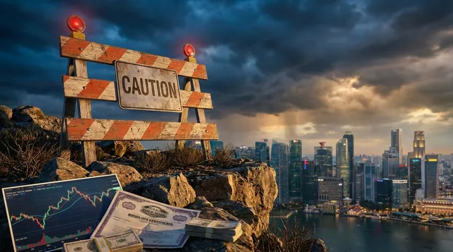 A stern, authoritative figure in a dark business suit stands at the edge of a cliff overlooking a vast financial district skyline, with storm clouds gathering dramatically on the horizon despite a deceptively calm, sunlit market below.