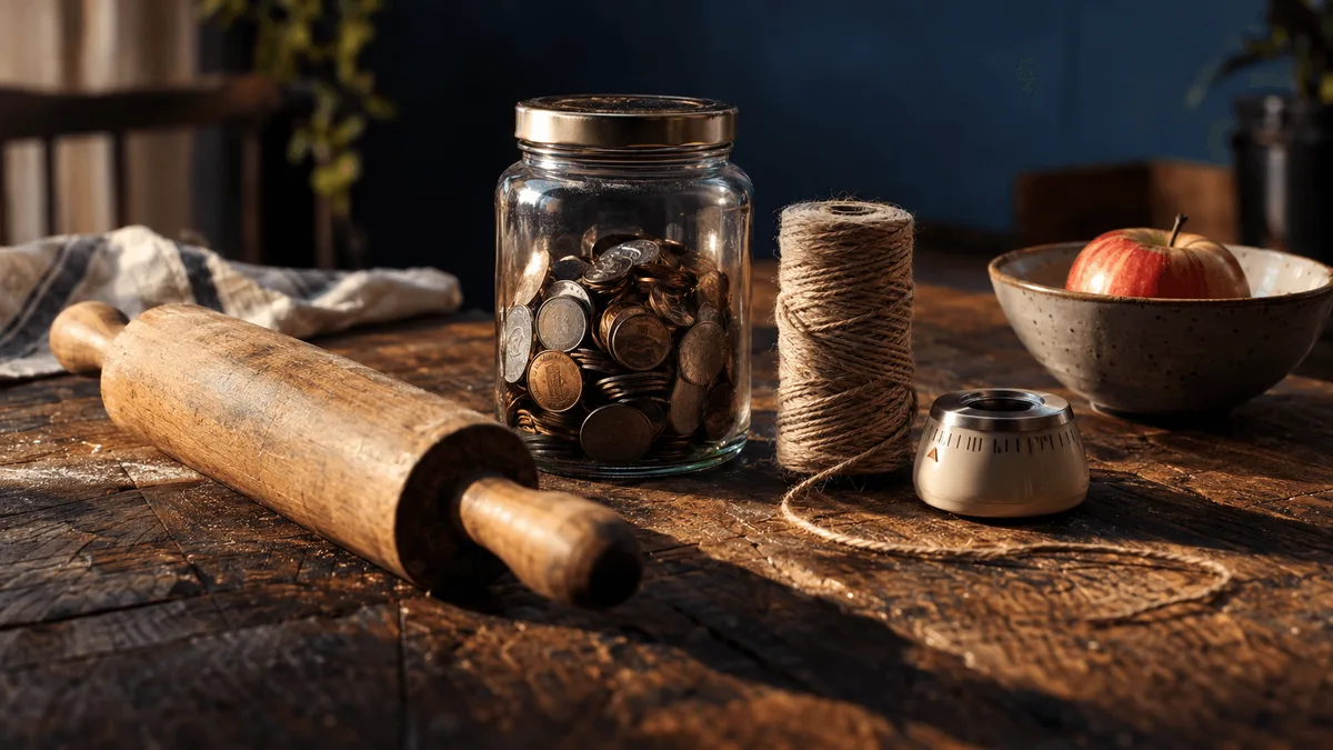 A sturdy wooden rolling pin and a jar of coins rest on a weathered butcher-block table beside a spool of twine and a small rotary egg timer counting down.