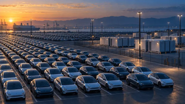 Elevated view of a large logistics yard filled with rows of electric vehicles at dusk, with a smaller adjacent area of battery storage units under gantry lighting.