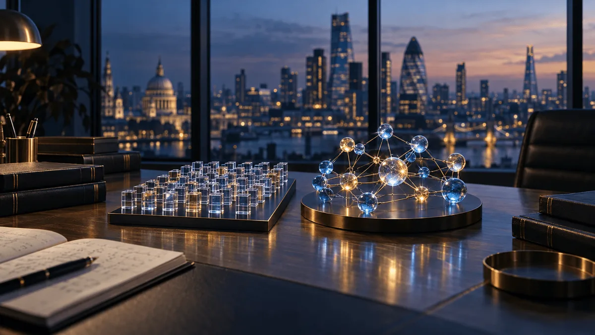 Still life of two contrasting glass model structures—one a precise grid, one an organic interconnected cluster—on a desk with ledgers, set against a blurred London skyline at dusk, symbolizing traditional and AI-driven insurance underwriting.