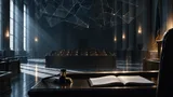 An empty courtroom with a judge's bench, gavel, and vacant jury box, above which hangs a translucent fractured glass-like lattice symbolizing broken digital privacy.
