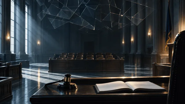 An empty courtroom with a judge's bench, gavel, and vacant jury box, above which hangs a translucent fractured glass-like lattice symbolizing broken digital privacy.