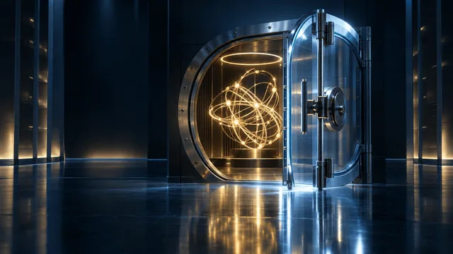 A glowing abstract neural-network sculpture glimpsed through a partially open glass and metal vault door, symbolizing advanced AI technology held behind restricted access.