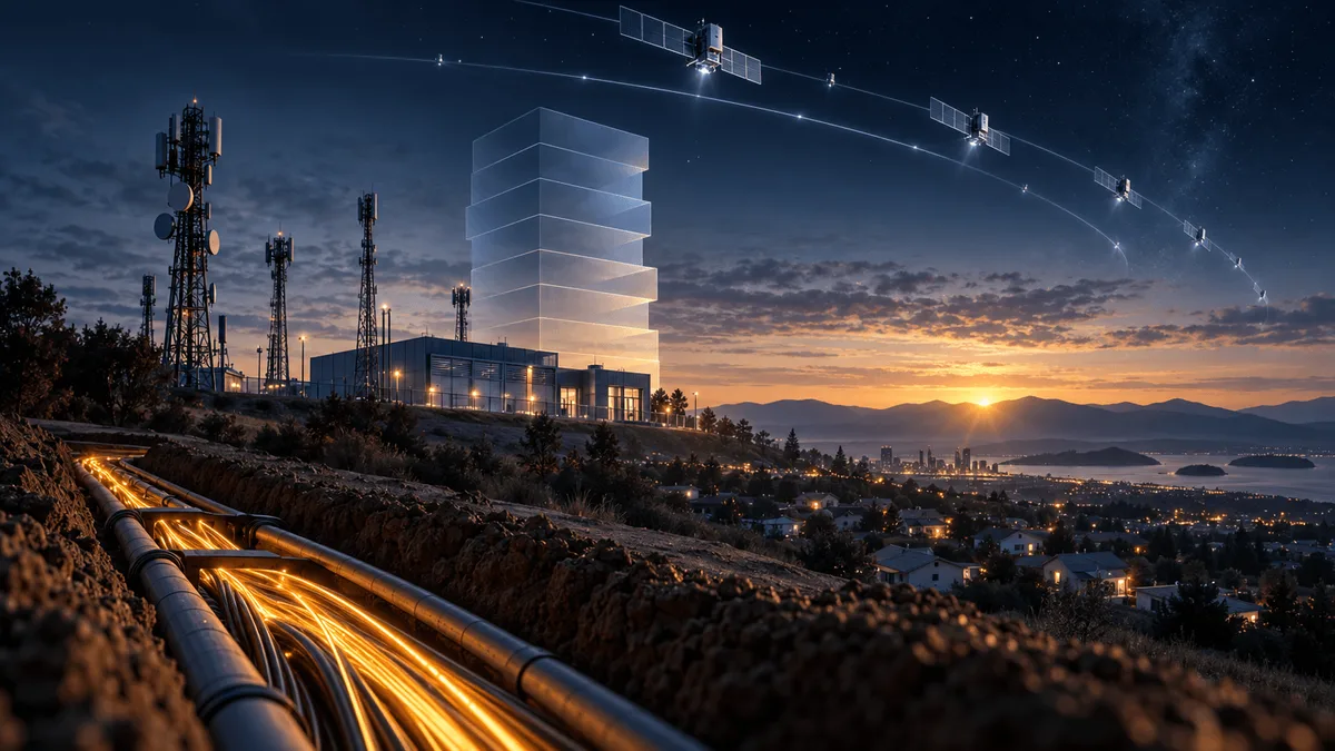 Aerial-style illustration of fiber-optic trenches and telecom towers glowing amber in the foreground, with a faint satellite constellation arcing across a darkening sky above, and translucent glass-like panels stacking upward near the towers suggesting rising corporate debt.