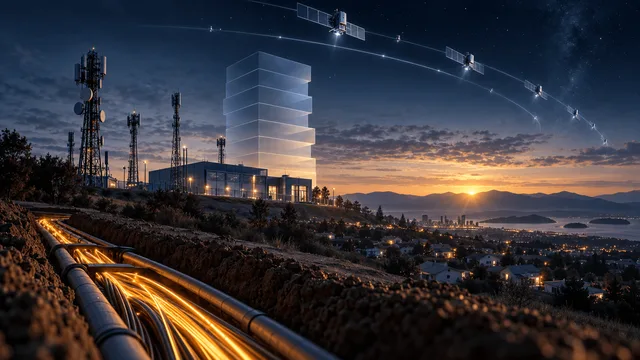 Aerial-style illustration of fiber-optic trenches and telecom towers glowing amber in the foreground, with a faint satellite constellation arcing across a darkening sky above, and translucent glass-like panels stacking upward near the towers suggesting rising corporate debt.