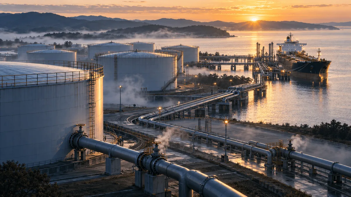 Aerial view of a coastal oil storage tank farm at dawn with pipelines feeding fuel toward a docked tanker ship, symbolizing coordinated emergency fuel reserve releases.