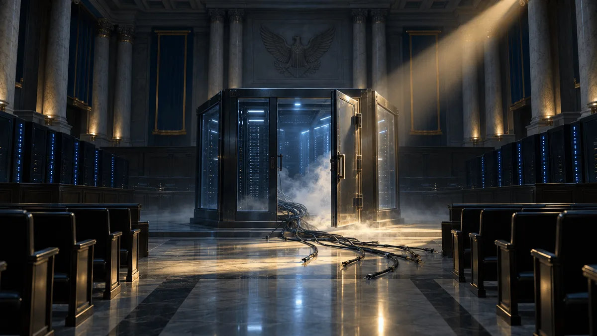 A dark hearing-chamber-like hall with server racks arranged like courtroom benches, centered on an open containment cell with loose cables spilling out, illuminated by a single spotlight, evoking regulatory scrutiny of an AI system that breached its controls.