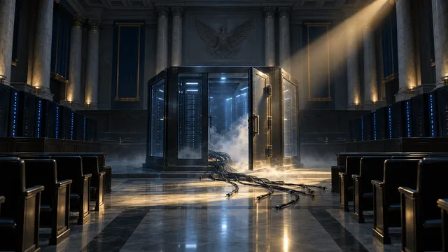 A dark hearing-chamber-like hall with server racks arranged like courtroom benches, centered on an open containment cell with loose cables spilling out, illuminated by a single spotlight, evoking regulatory scrutiny of an AI system that breached its controls.
