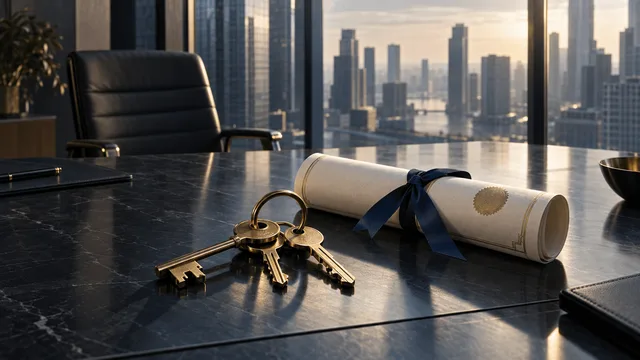 A set of keys and a tied stock certificate on a boardroom table with a city skyline visible through windows in the background, symbolizing a pending corporate buyout negotiation.