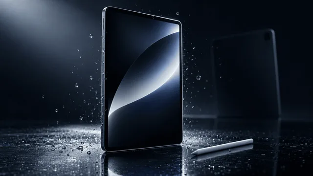 A thin tablet device stands upright on a reflective dark surface with a stylus beside it, surrounded by suspended water droplets, with a blurred second device silhouette in the background suggesting more product reveals to come.