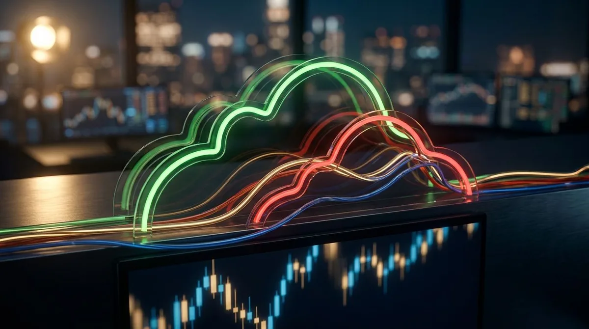 A dramatic financial chart fills the frame, dominated by a vivid Ichimoku Cloud formation with a thick, semi-transparent green and red shaded zone creating a striking visual centerpiece.