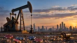 A weathered steel oil pumpjack stands in sharp focus against a pale dawn sky, its counterweight frozen mid-stroke, while in the soft-blurred distance a row of office tower silhouettes catches the first light.