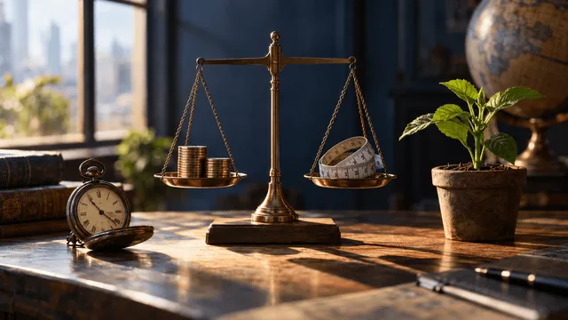 A single brass balance scale on a wooden desk holds a small stack of coins on one side and a coiled measuring tape on the other, perfectly level.