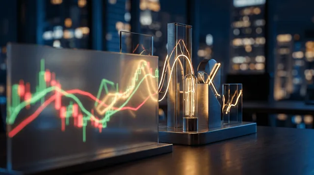 A sleek, high-tech trading workstation with multiple monitors displaying fast-moving stock charts, candlestick patterns, and real-time market data in a dark, professional environment.