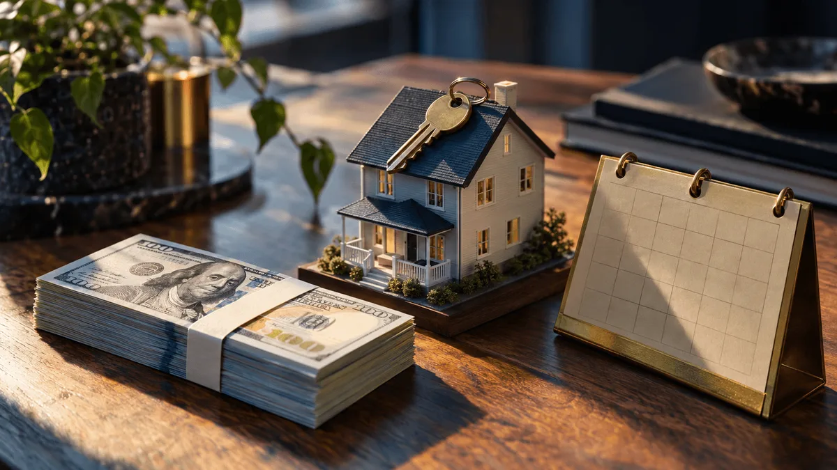 A sunlit still-life on a wooden desk: a stack of hundred-dollar bills bound with a simple paper band, a single house key resting on top of a small architectural model of a two-story house, and a brass desk calendar positioned beside them.
