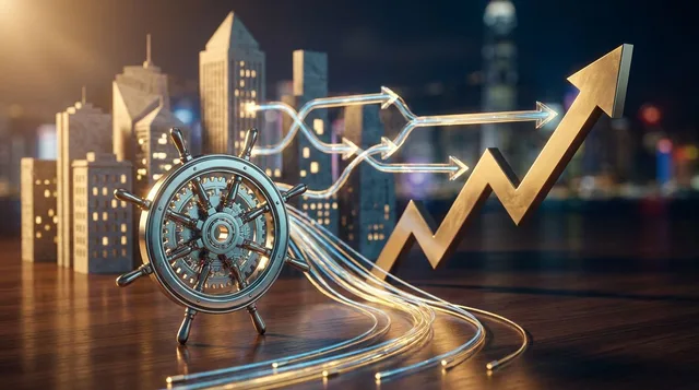 A confident trader or investor figure standing at the helm, with glowing streams of money or capital flowing visibly from large institutional buildings toward a rising stock chart. The visual metaphor of "borrowing conviction" could be represented by interconnected arrows or currents linking big financial institutions to a single upward-trending asset. Bold, dynamic lighting — perhaps gold and deep blue tones — should reinforce the sense of following powerful market forces to gain an edge.