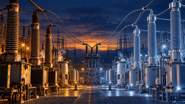 Wide view of a high-voltage power substation at dusk, with rows of insulator bushings and transformer coils in two distinct lighting styles visually merging toward the center, surrounded by transmission towers and lines under a darkening sky.