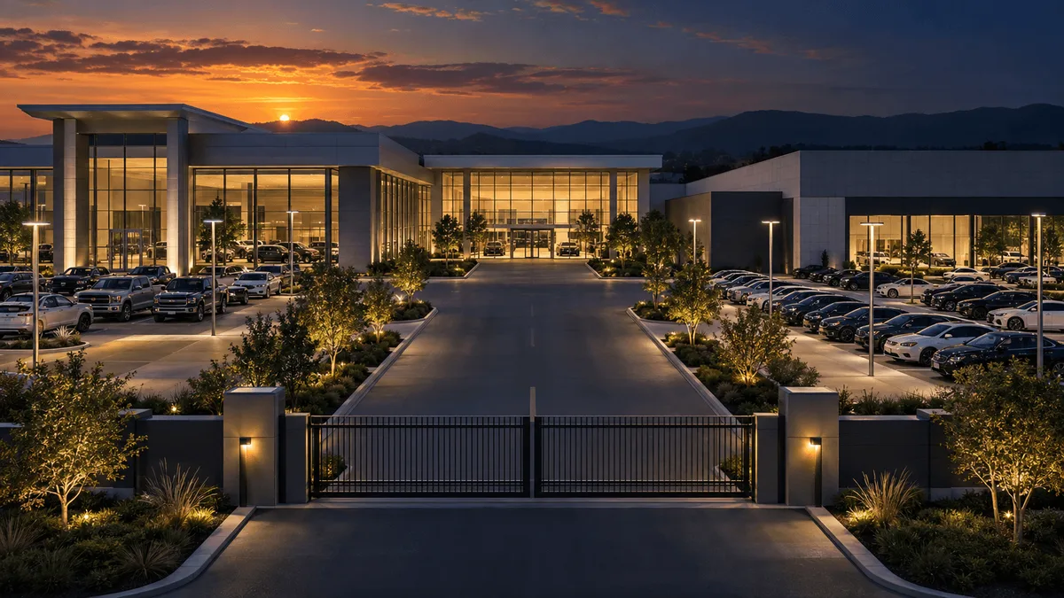 Aerial dusk view of a large dealership complex with two architecturally distinct wings meeting at a central point, gated entrance road, and glowing glass showrooms symbolizing a private ownership transition.