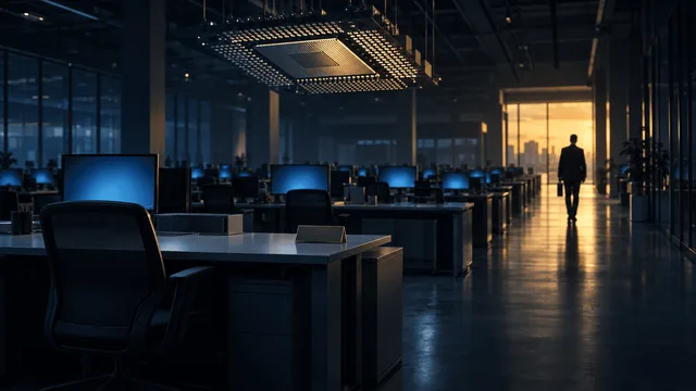 A nearly empty corporate office at dusk with rows of unoccupied desks under blue monitor glow, a chip-shaped sculpture hanging overhead, and a lone figure walking toward a lit exit.