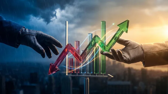 A split image showing two hands reaching toward each other across a glowing stock chart, one hand releasing a downward-trending red arrow while the other catches it as it transforms into an upward green arrow. The background features a dramatic chiaroscuro lighting effect — dark and stormy on the selling side, bright and clear on the buying side — symbolizing the contrast between fear and opportunity. The overall composition conveys the idea that every market panic has a hidden winner on the oth