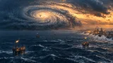 Aerial view of a large hurricane over the Gulf of Mexico with offshore oil platforms in rough seas and a coastal refinery visible in the hazy distance.