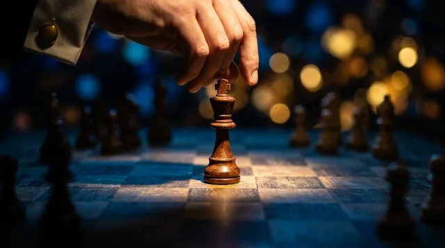 A chess player's hand hovering decisively over a single chess piece on a board, with most pieces pushed aside or blurred in the background, symbolizing selective, strategic decision-making. The lighting should be dramatic and focused — a sharp spotlight illuminating only the chosen piece — reinforcing the idea of identifying your edge and acting with precision. The mood is calm confidence rather than chaos, contrasting the disciplined trader against the noise of the market.