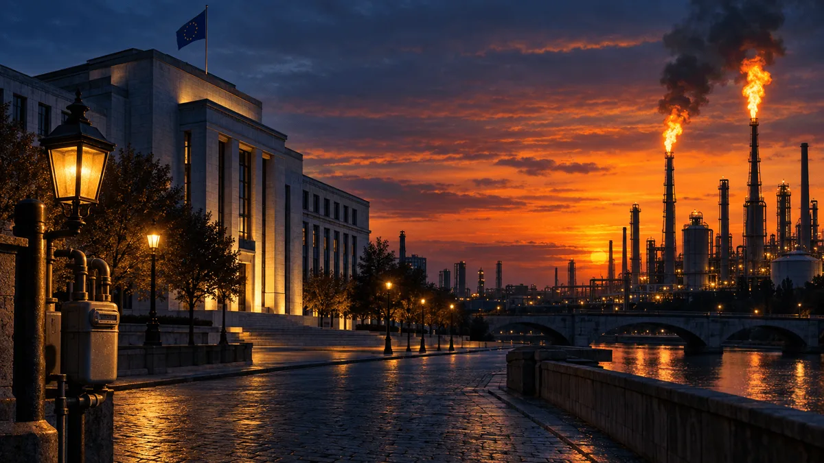 Dusk skyline showing refinery flare stacks glowing orange beside a softly lit European stone institutional building, evoking rising energy costs and central bank scrutiny.