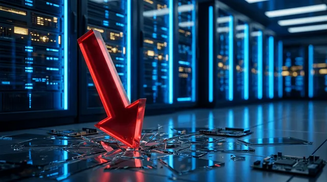A dramatic downward-plunging stock chart arrow in Oracle's signature red color dominates the frame, crashing through a glossy corporate floor made of shattered glass or circuit board fragments.