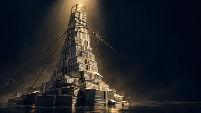 A towering structure built from stacked paper currency and bond sheets, bound by taut, straining steel cables, with a small glowing sphere resting at its peak, lit dramatically in a dark studio setting.