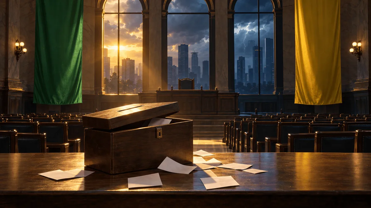An empty ceremonial chamber with a reopened ballot box and scattered blank ballots on a table, flanked by two unmarked banners in green and yellow tones, with empty chairs and distant financial towers visible through tall windows under a stormy sky.
