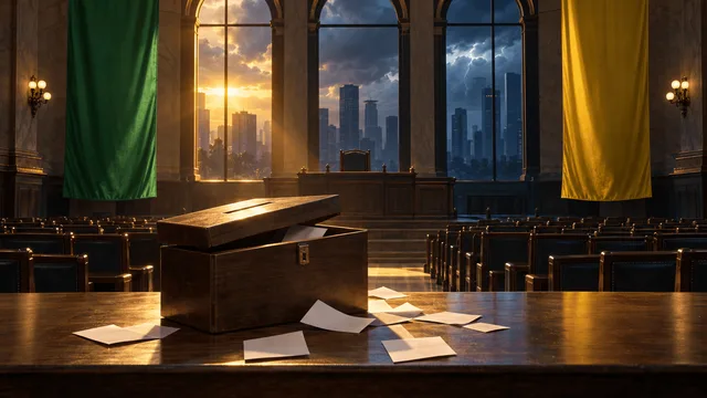An empty ceremonial chamber with a reopened ballot box and scattered blank ballots on a table, flanked by two unmarked banners in green and yellow tones, with empty chairs and distant financial towers visible through tall windows under a stormy sky.