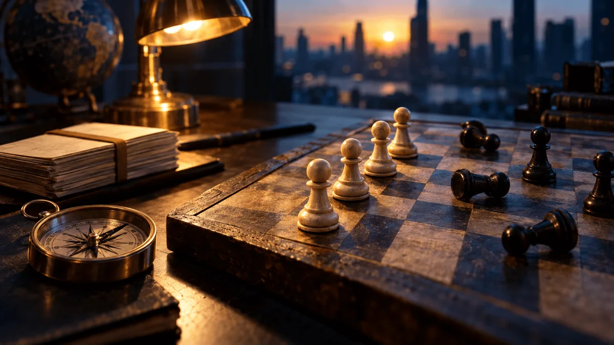 A weathered wooden chess board on a trading desk at dawn, with white pawns advancing in a tight diagonal line against scattered black pawns knocked to the side, lit by warm desk-lamp light.