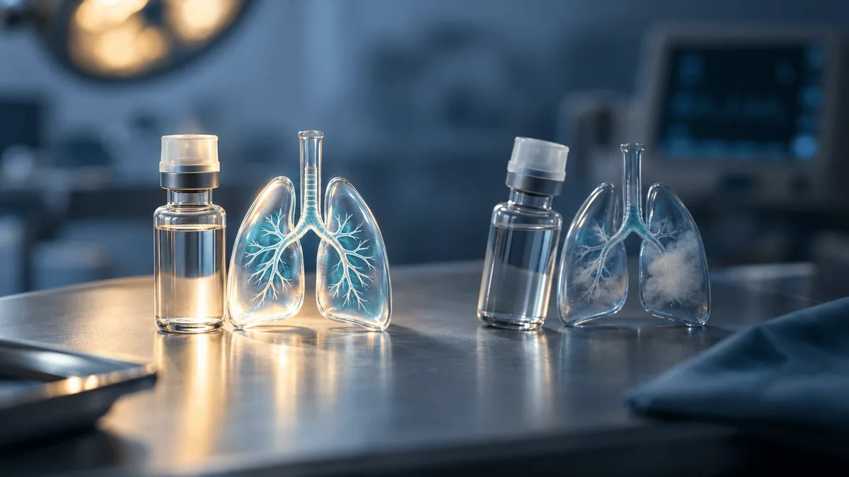 Two glass vials beside two glass anatomical lung sculptures on a clinical table; the left vial and lung are sharply lit and clear, the right slightly tilted and hazier, symbolizing two drug doses with differing trial outcomes.