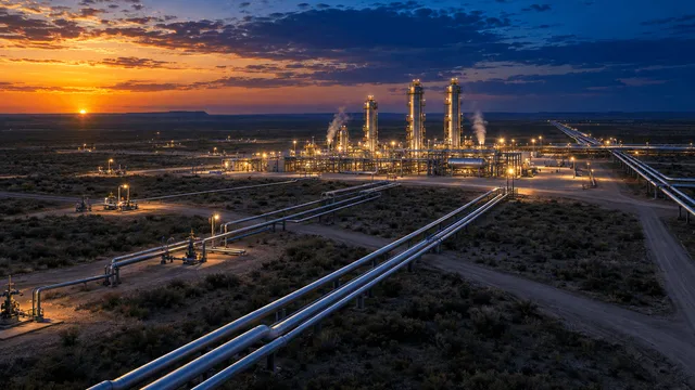 Aerial dusk view of a large natural gas gathering and processing complex with three towers in the West Texas desert, surrounded by pipeline networks and open land for expansion.