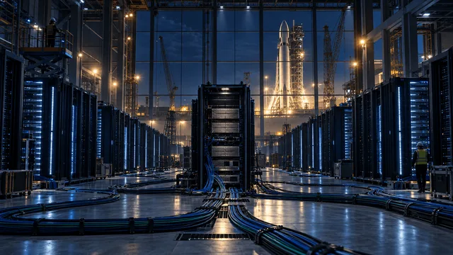 Wide view of an unfinished data center filled with server racks and cabling, with a large rocket visible through warehouse windows at night.