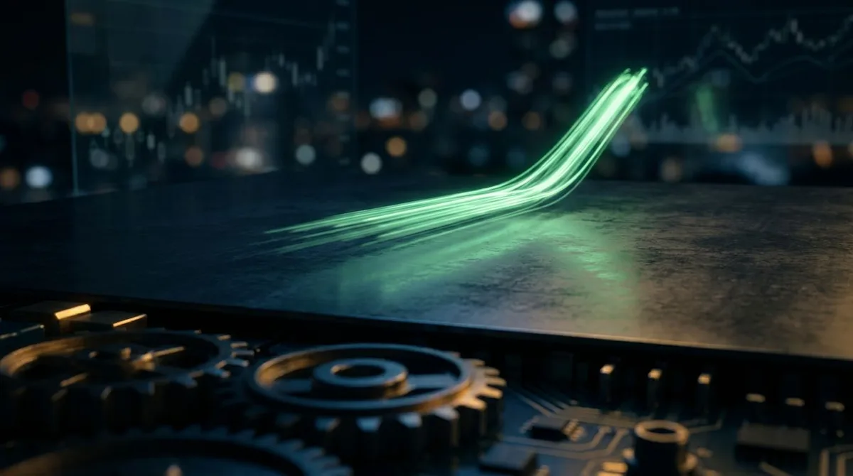 A dramatic upward-trending stock chart line rockets sharply higher against a dark financial background, with glowing green candlesticks capturing the explosive momentum of a rapid market reversal.