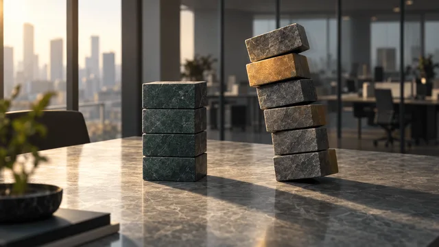 A stable stack of stone blocks beside a taller, visibly leaning stack of blocks on a table in a softly lit, minimalist office setting, symbolizing steady overall growth against a larger segment losing balance.