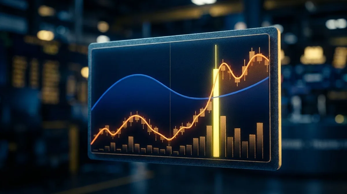 A split-screen financial chart displays two distinct moving average lines overlaid on candlestick price action — one smooth and lagging (representing SMA) and one responsive and closely hugging the candles (representing EMA) — rendered in c